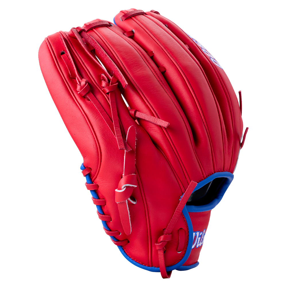 Wilson A900 12.25″ Baseball Glove WBG04201RT1225 in red with blue lacing and piping.