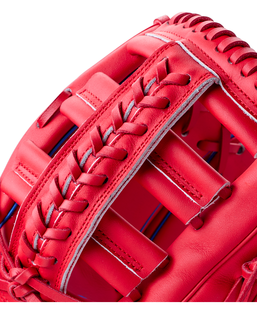 Close-up of a red full grain leather Wilson A900 12.25″ Baseball Glove: WBG04201RT1225, showing the laced webbing and finger stalls.