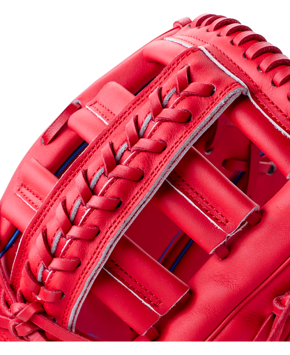 Close-up of a red full grain leather Wilson A900 12.25″ Baseball Glove: WBG04201RT1225, showing the laced webbing and finger stalls.