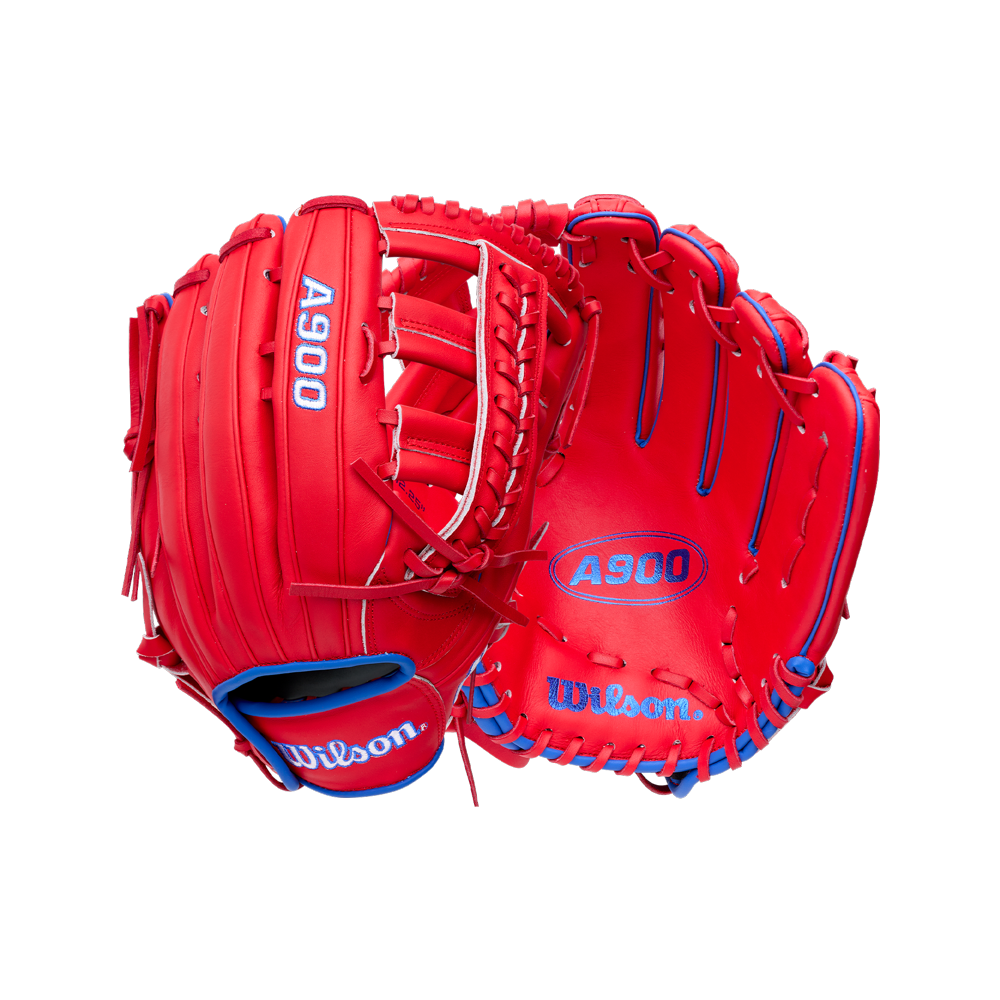 Two bright red Wilson A900 12.25″ Baseball Glove: WBG04201RT1225 gloves with blue trim, shown from the front and back.