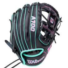 Wilson A700 11.25″ Baseball Glove: WBG04301RT1125 in black with teal piping and pink accents.