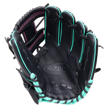 Wilson A700 11.25″ Baseball Glove: WBG04301RT1125 in black full-grain leather with teal piping and pink stitching on the web.
