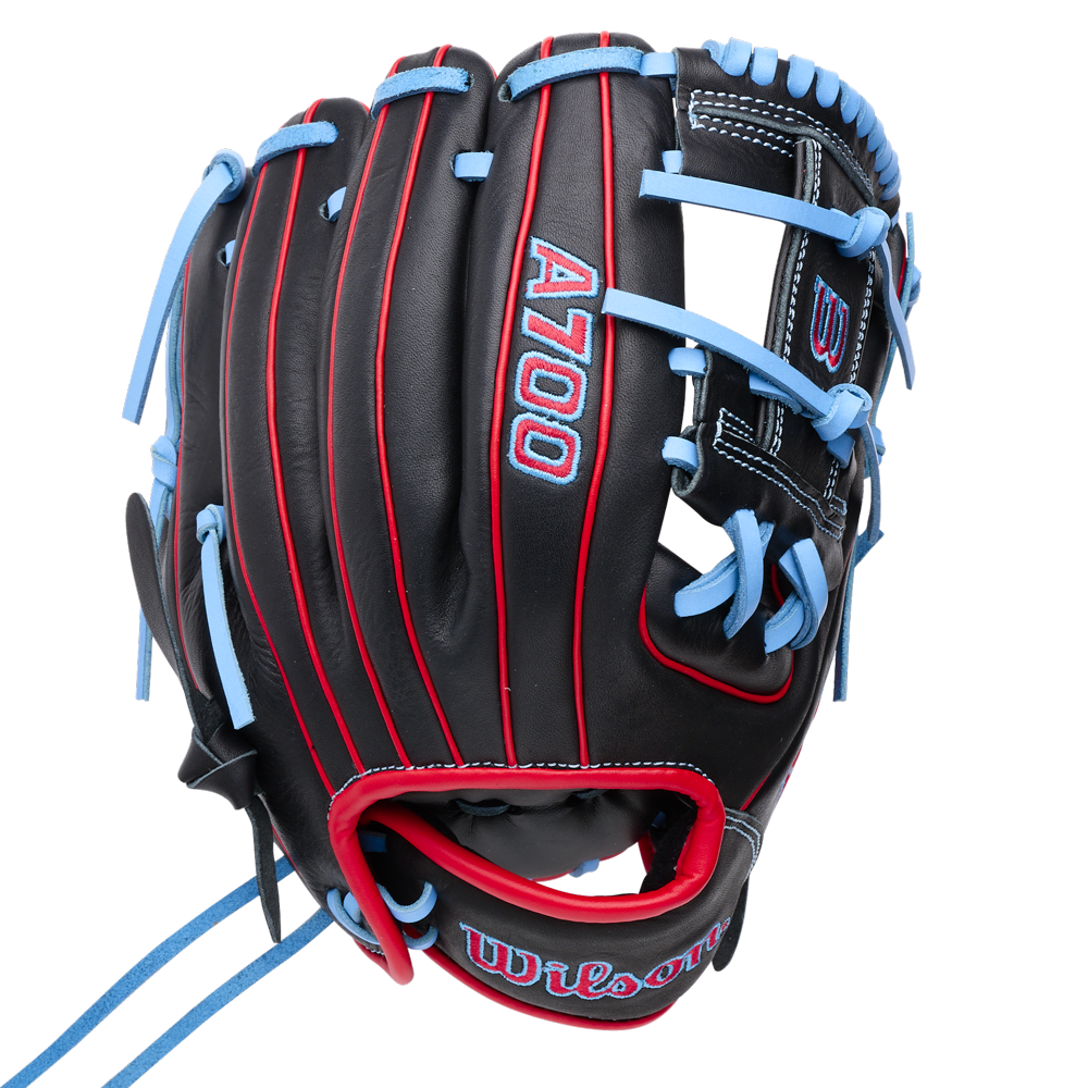 Wilson A700 11.5″ Baseball Glove: WBG04401RT115 in black, featuring bright blue lacing, red piping, and branding on the palm.