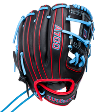 Wilson A700 11.5″ Baseball Glove: WBG04401RT115 in black, featuring bright blue lacing, red piping, and branding on the palm.