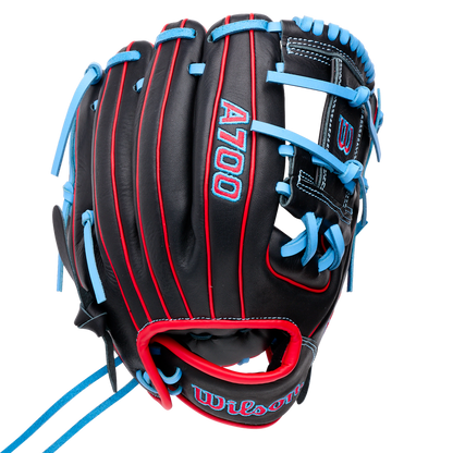 Wilson A700 11.5″ Baseball Glove: WBG04401RT115 in black, featuring bright blue lacing, red piping, and branding on the palm.