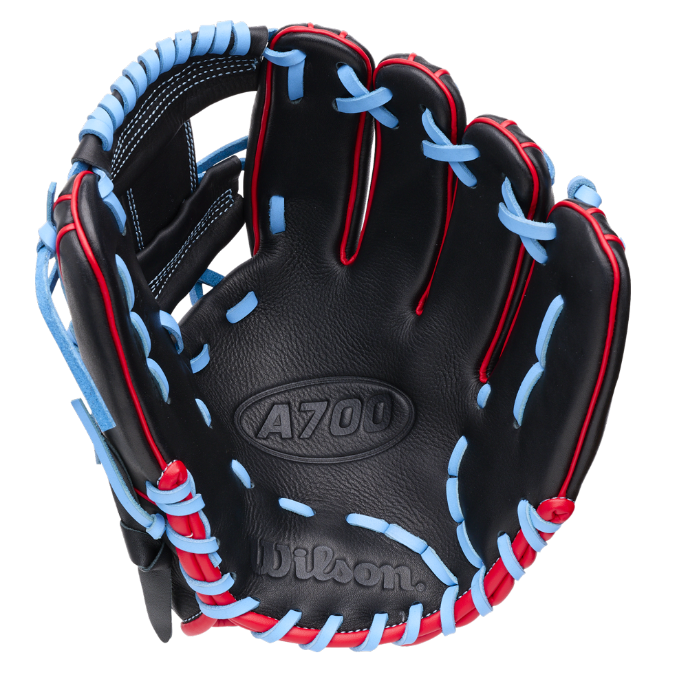 Wilson A700 11.5″ Baseball Glove: WBG04401RT115 in black with bright blue lacing and red piping.