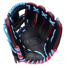 Wilson A700 11.5″ Baseball Glove: WBG04401RT115 in black with bright blue lacing and red piping.