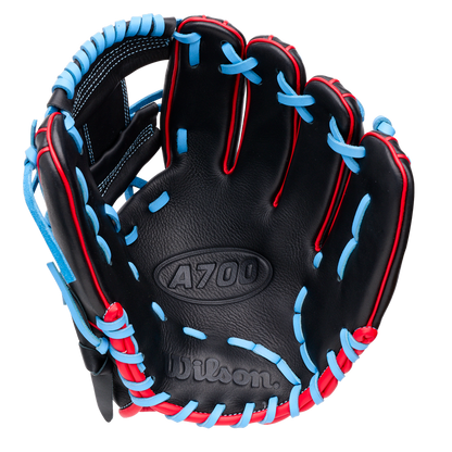 Wilson A700 11.5″ Baseball Glove: WBG04401RT115 in black with bright blue lacing and red piping.