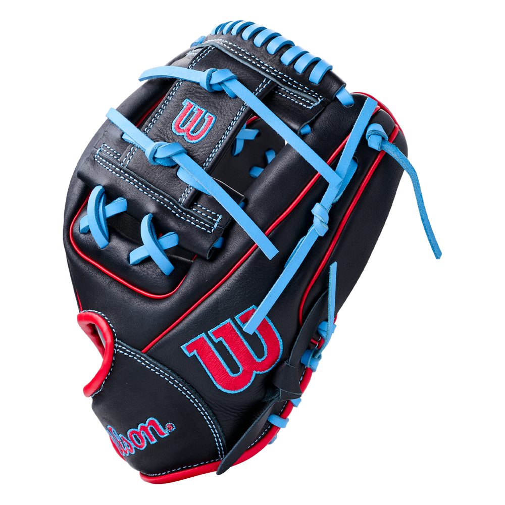 Wilson A700 11.5″ Baseball Glove: WBG04401RT115 in black with bright blue laces and red detailing.