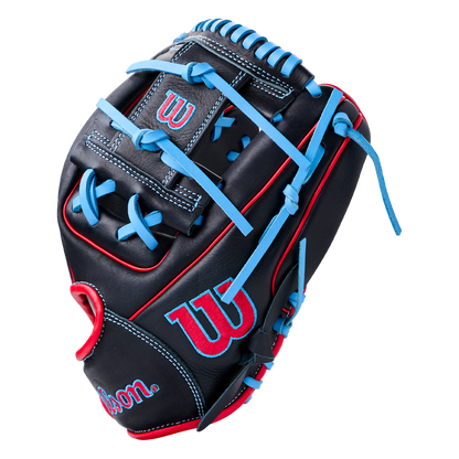 Wilson A700 11.5″ Baseball Glove: WBG04401RT115 in black with bright blue laces and red detailing.