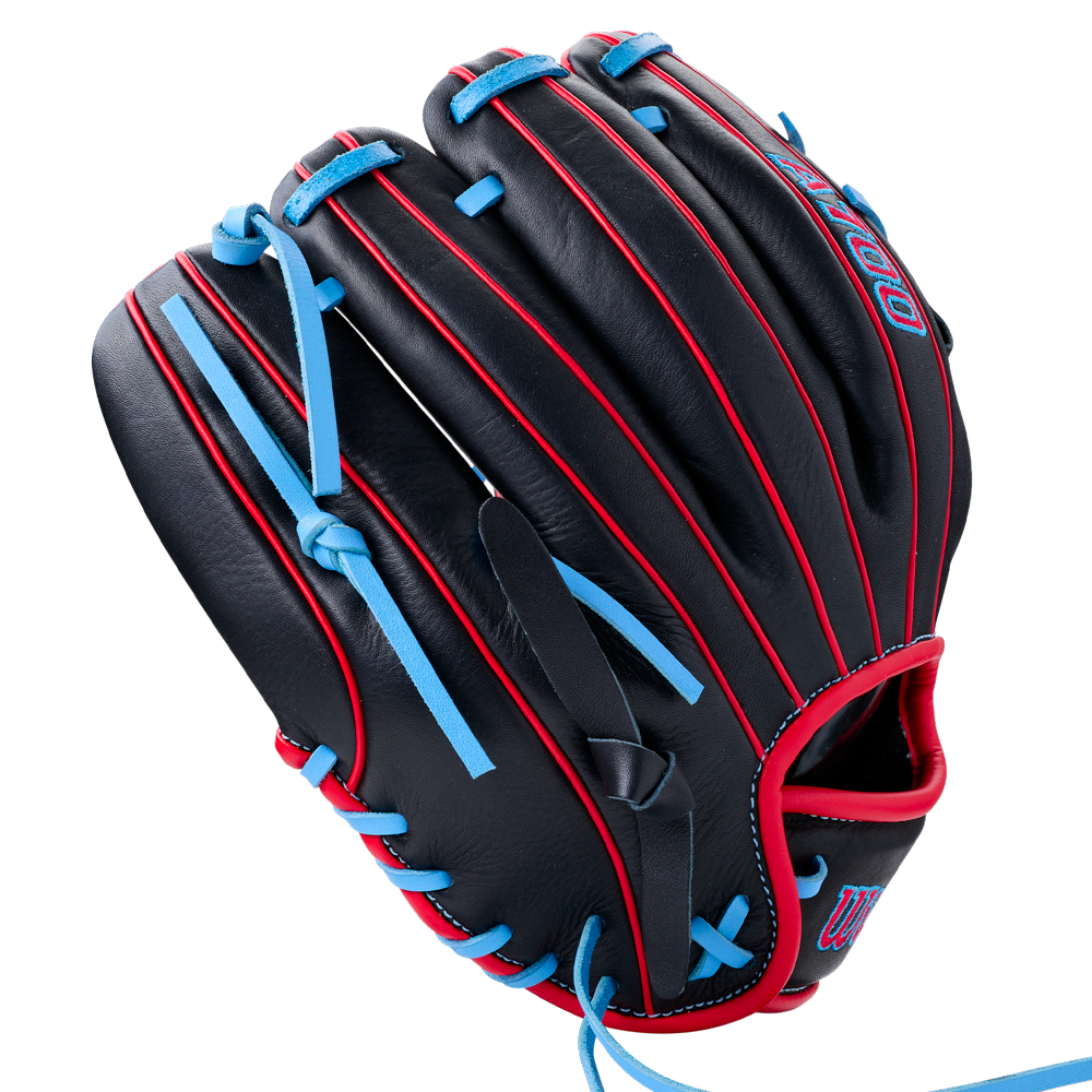 Wilson A700 11.5″ Baseball Glove: WBG04401RT115 infield glove in black with bright blue lacing and red piping.