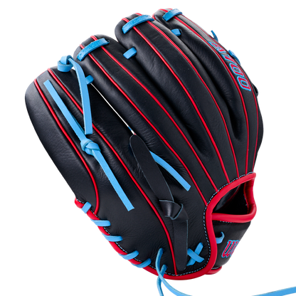 Wilson A700 11.5″ Baseball Glove: WBG04401RT115 infield glove in black with bright blue lacing and red piping.