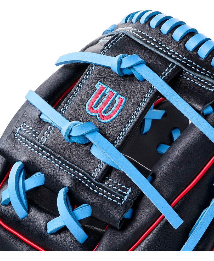 Wilson A700 11.5″ Baseball Glove: WBG04401RT115 in black with bright blue laces and stitching, featuring a red and blue logo on the wrist strap.