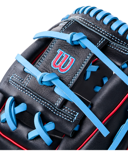 Wilson A700 11.5″ Baseball Glove: WBG04401RT115 in black with bright blue laces and stitching, featuring a red and blue logo on the wrist strap.