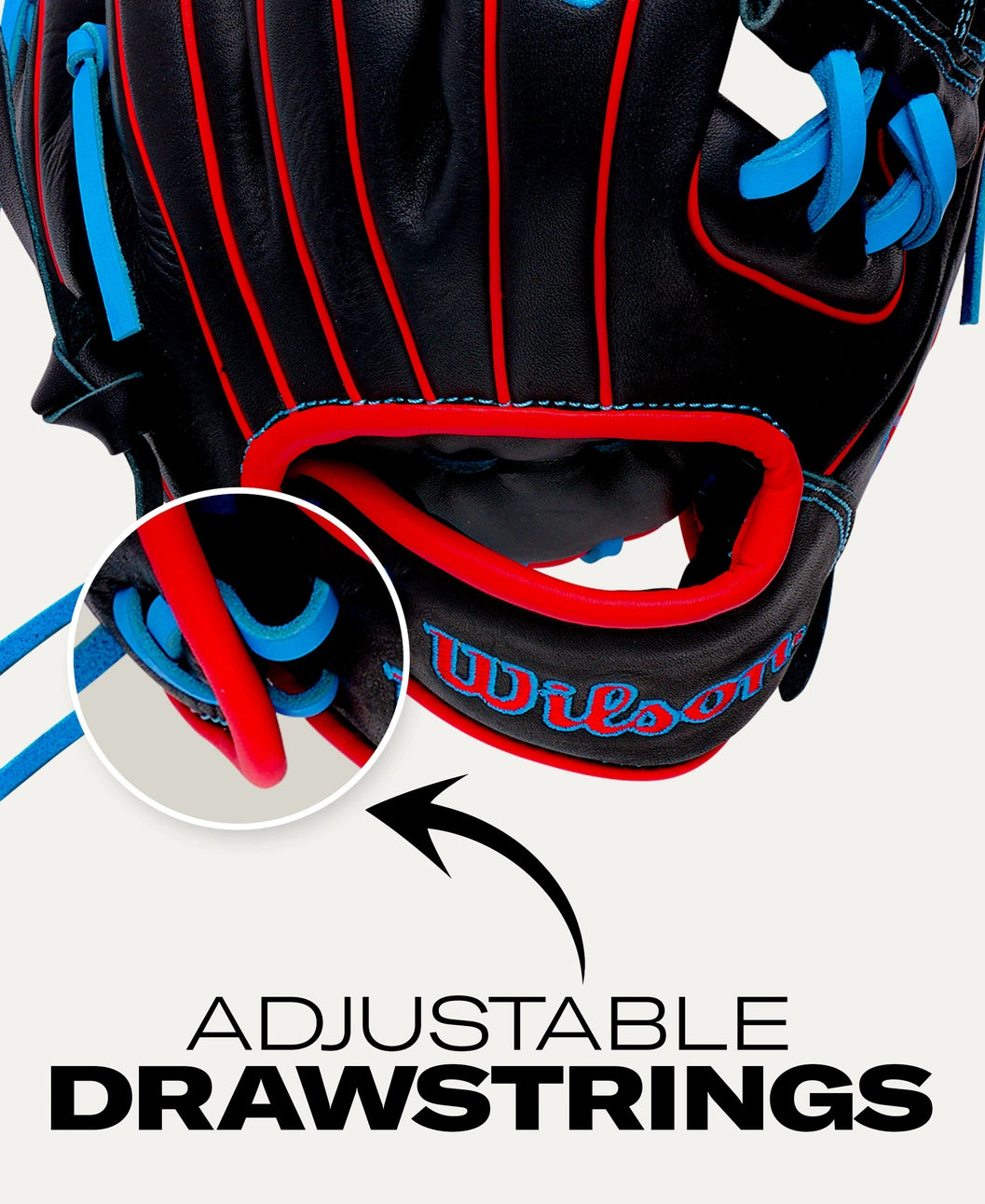 A black Wilson A700 11.5″ Baseball Glove: WBG04401RT115 infield glove with blue laces and red piping, showing a close-up of the adjustable drawstring closure.