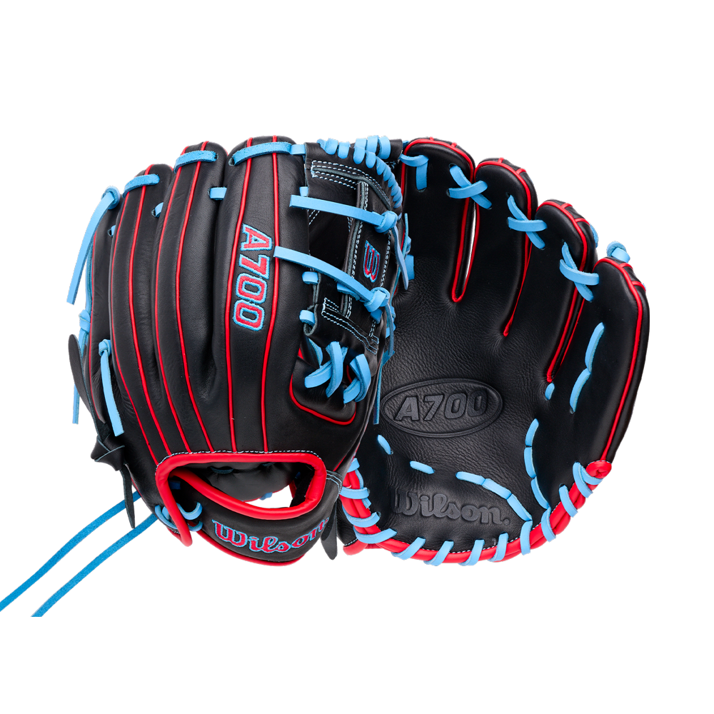 Wilson A700 11.5″ Baseball Glove: WBG04401RT115, a black youth baseball glove with red piping and bright blue lacing.
