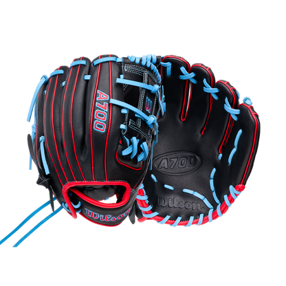 Wilson A700 11.5″ Baseball Glove: WBG04401RT115, a black youth baseball glove with red piping and bright blue lacing.