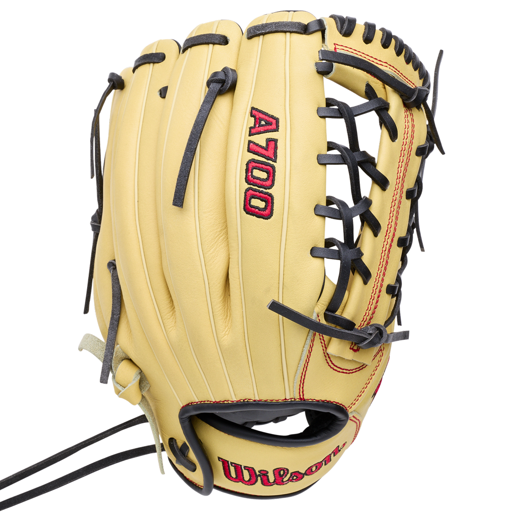 Wilson A700 12″ Baseball Glove: WBG04501RT12 in tan full-grain leather with black lacing, red stitching, and an adjustable wrist closure.