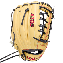 Wilson A700 12″ Baseball Glove: WBG04501RT12 in tan full-grain leather with black lacing, red stitching, and an adjustable wrist closure.