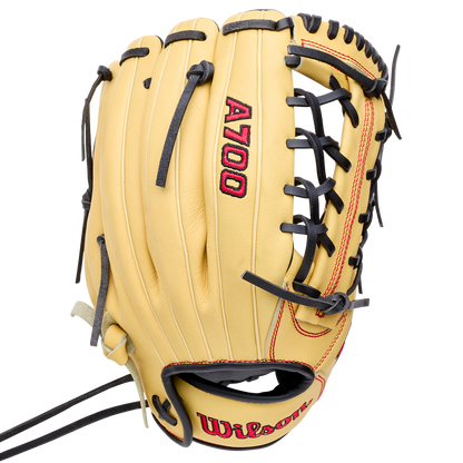 Wilson A700 12″ Baseball Glove: WBG04501RT12 in tan full-grain leather with black lacing, red stitching, and an adjustable wrist closure.