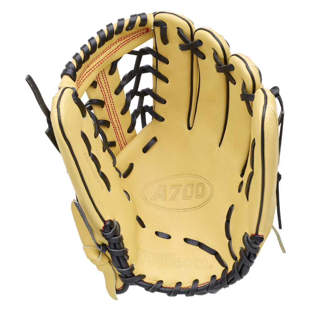 Tan full grain leather Wilson A700 12″ Baseball Glove: WBG04501RT12 with black lacing and an adjustable wrist closure.