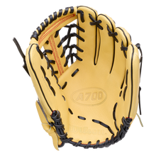 Tan full grain leather Wilson A700 12″ Baseball Glove: WBG04501RT12 with black lacing and an adjustable wrist closure.