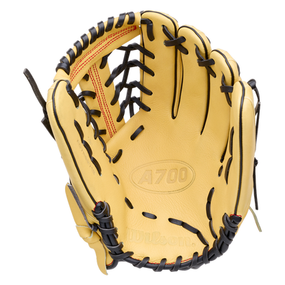 Tan full grain leather Wilson A700 12″ Baseball Glove: WBG04501RT12 with black lacing and an adjustable wrist closure.