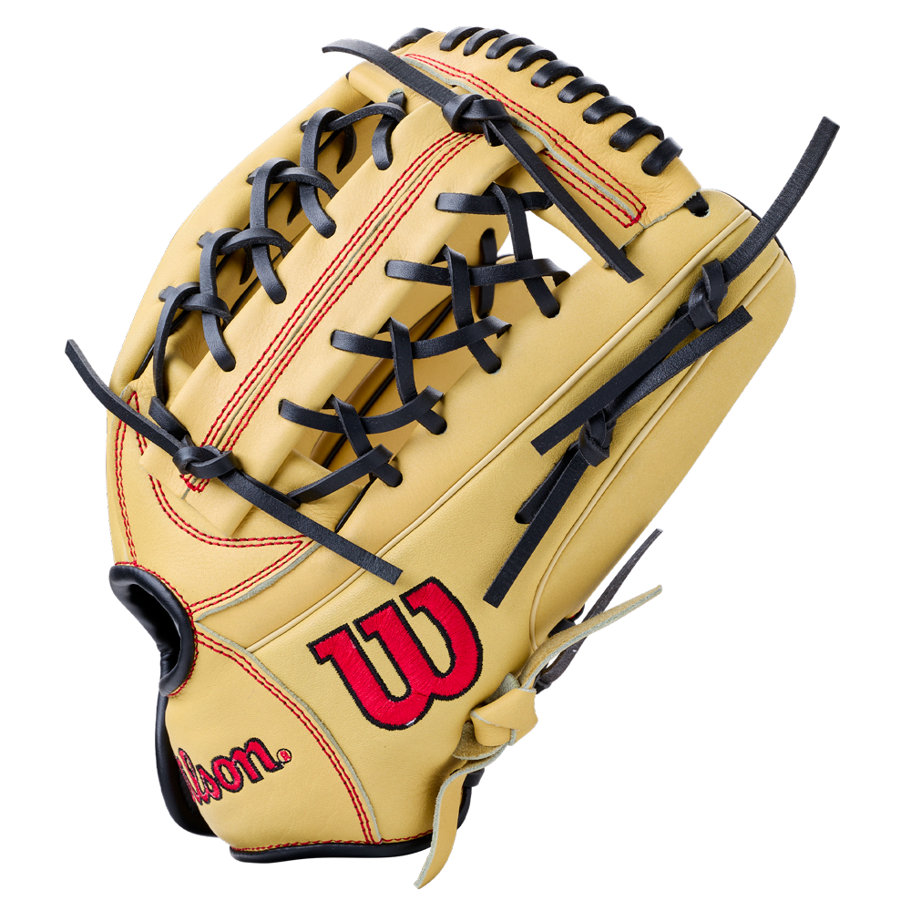Tan Wilson A700 12″ Baseball Glove: WBG04501RT12 with black lacing, red lettering, and an adjustable wrist closure.