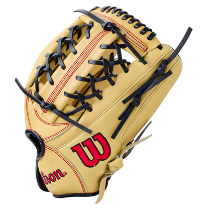 Tan Wilson A700 12″ Baseball Glove: WBG04501RT12 with black lacing, red lettering, and an adjustable wrist closure.
