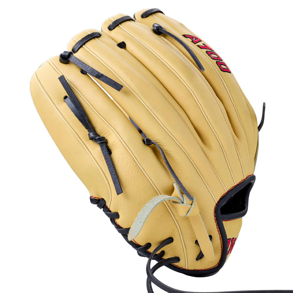 Tan, full-grain leather Wilson A700 12″ Baseball Glove: WBG04501RT12 with black lacing and red lettering.
