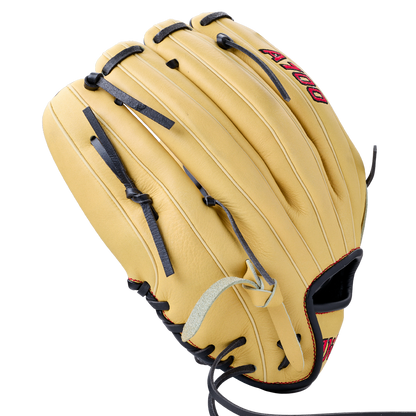 Tan, full-grain leather Wilson A700 12″ Baseball Glove: WBG04501RT12 with black lacing and red lettering.