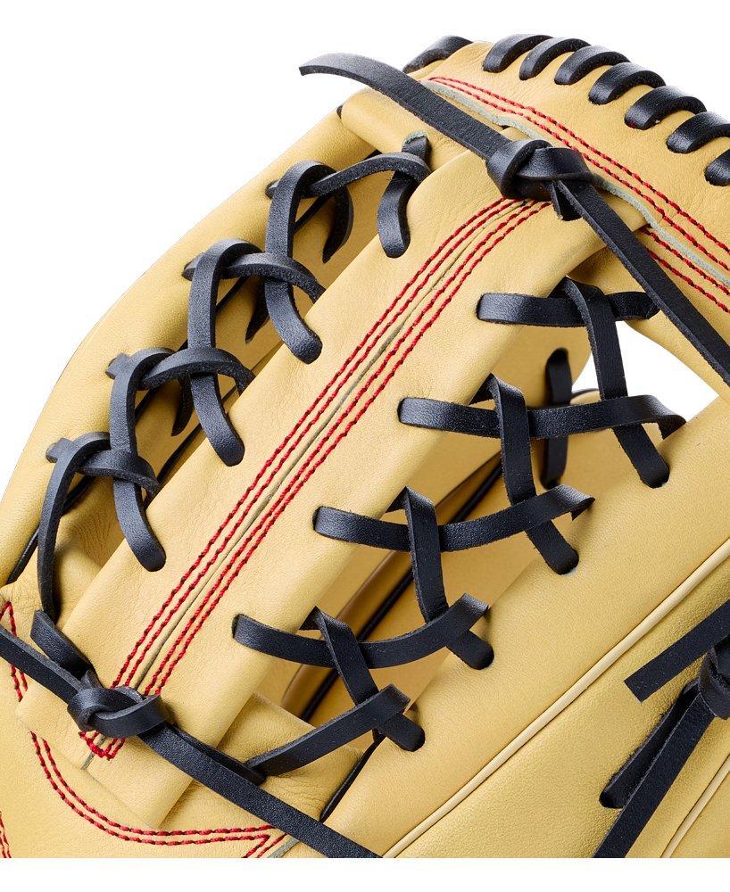 Tan youth Wilson A700 12″ Baseball Glove: WBG04501RT12 in full grain leather, detailed with black lacing and red stitching.