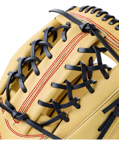 Tan youth Wilson A700 12″ Baseball Glove: WBG04501RT12 in full grain leather, detailed with black lacing and red stitching.