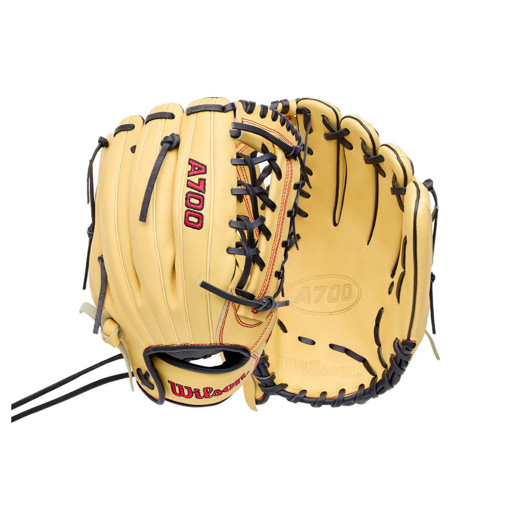 Wilson A700 12″ Baseball Glove: WBG04501RT12 in tan full-grain leather with black lacing, red lettering, and an adjustable wrist closure.