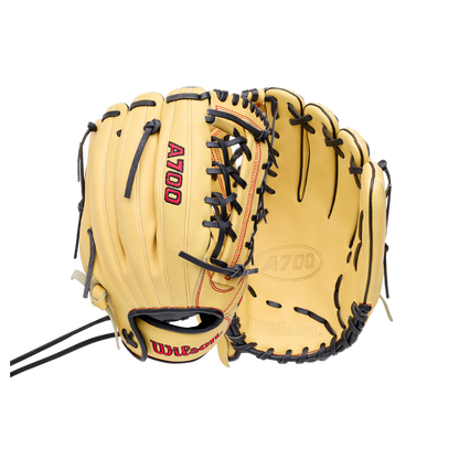 Wilson A700 12″ Baseball Glove: WBG04501RT12 in tan full-grain leather with black lacing, red lettering, and an adjustable wrist closure.