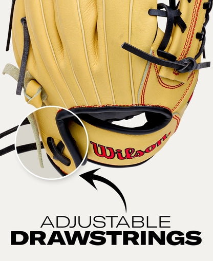 Close-up of a tan Wilson A700 12″ Baseball Glove: WBG04501RT12, showing an adjustable wrist closure at the drawstring.