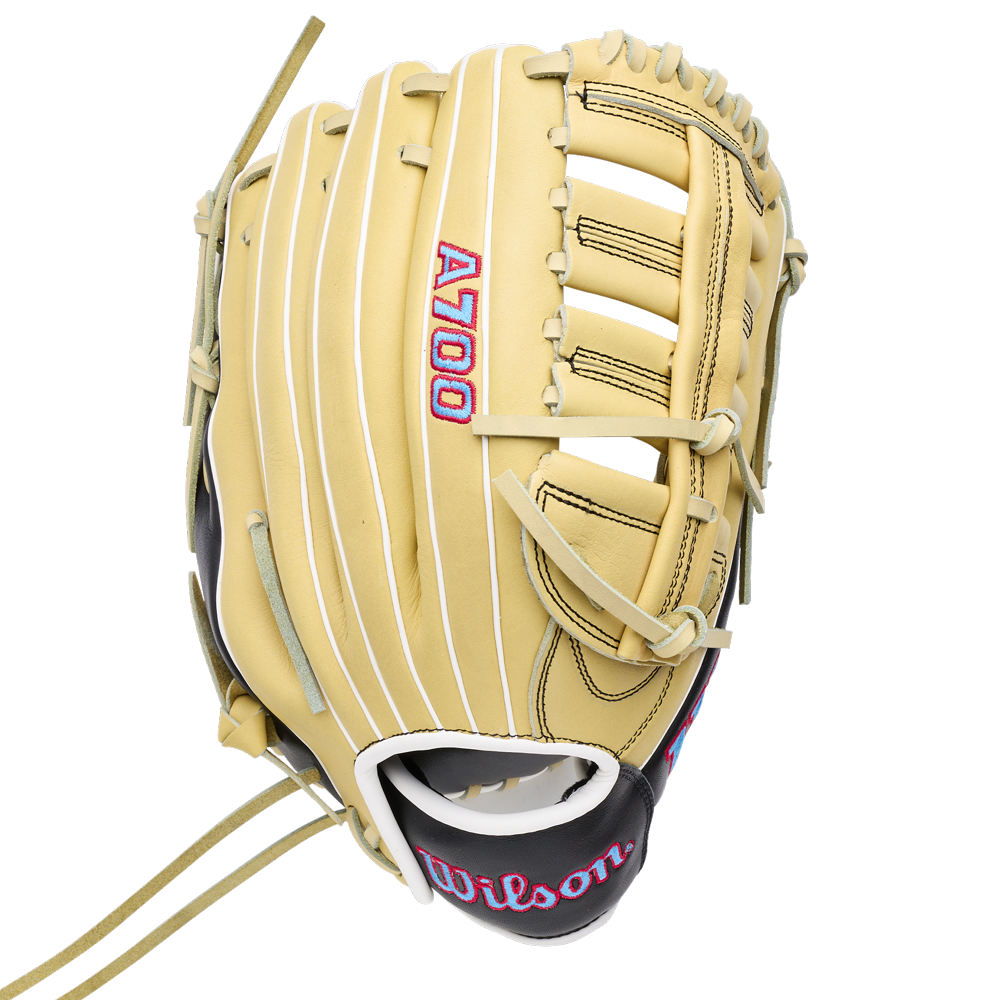 Wilson A700 12.5″ Baseball Glove in tan with white piping, lacing, and blue and pink branding text.