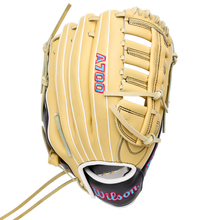 Wilson A700 12.5″ Baseball Glove in tan with white piping, lacing, and blue and pink branding text.
