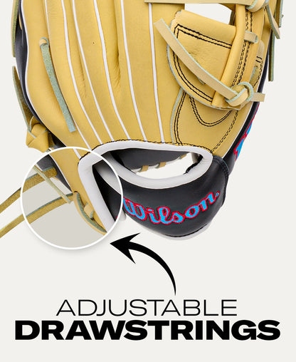 Tan Wilson A700 12.5″ Baseball Glove: WBG04601RT125 with a black wrist strap featuring a red and blue logo, and an inset detail pointing to the adjustable drawstrings.