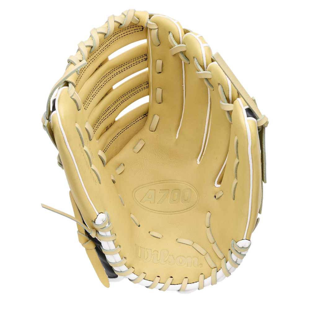 Wilson A700 12.5″ Baseball Glove: WBG04601RT125 in tan full grain leather with white lacing.
