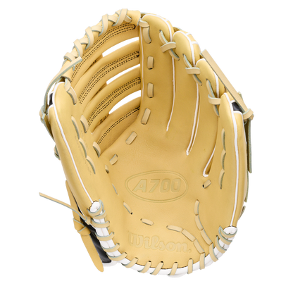 Wilson A700 12.5″ Baseball Glove: WBG04601RT125 in tan full grain leather with white lacing.