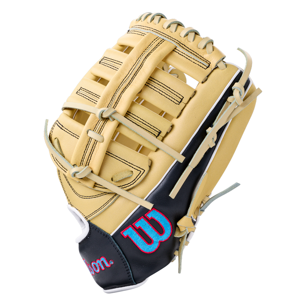 Tan Wilson A700 12.5″ Baseball Glove: WBG04601RT125 with a black leather wrist strap featuring a blue and pink logo.