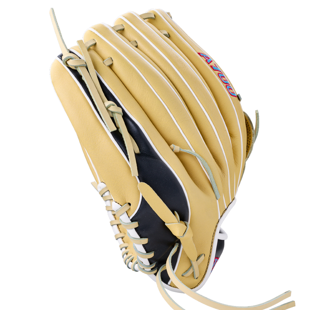 Tan and navy Wilson A700 12.5″ Baseball Glove: WBG04601RT125 with leather lacing.
