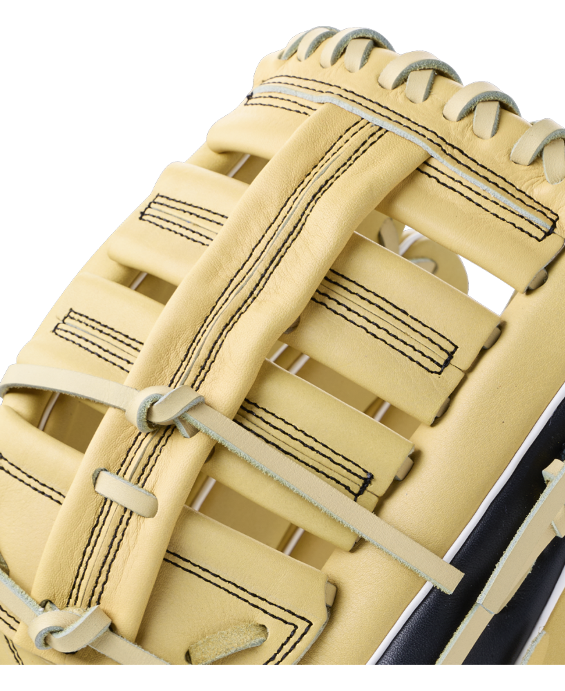Close-up view of the palm and lacing of a light tan Wilson A700 12.5″ Baseball Glove: WBG04601RT125 outfield glove.