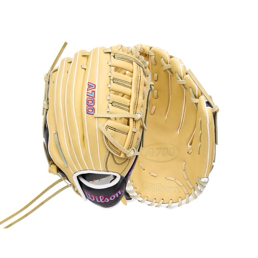 Tan Wilson A700 12.5″ Baseball Glove: WBG04601RT125 with white lacing and blue and red accents.