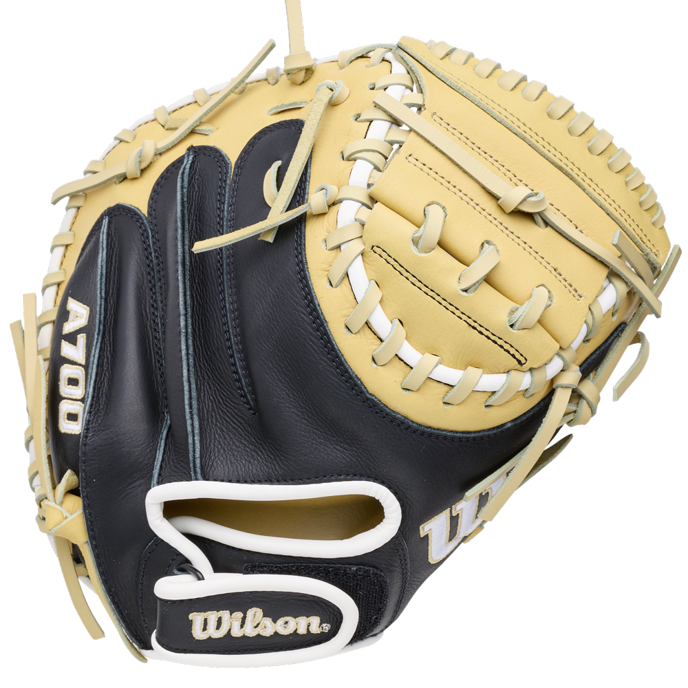 Wilson A700 32.5″ Baseball Catcher’s Mitt in tan and navy blue, featuring a laced web crafted from full grain leather.
