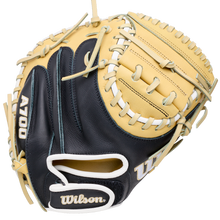 Wilson A700 32.5″ Baseball Catcher’s Mitt in tan and navy blue, featuring a laced web crafted from full grain leather.