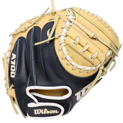 Wilson A700 32.5″ Baseball Catcher’s Mitt in tan and navy blue, featuring a laced web crafted from full grain leather.