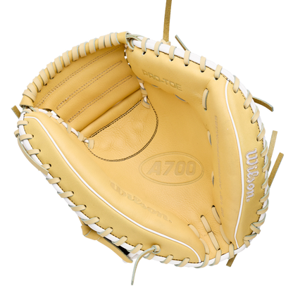 Tan Wilson A700 32.5″ Baseball Catcher’s Mitt: WBG04701RT325 in full grain leather with white lacing and a deep pocket.