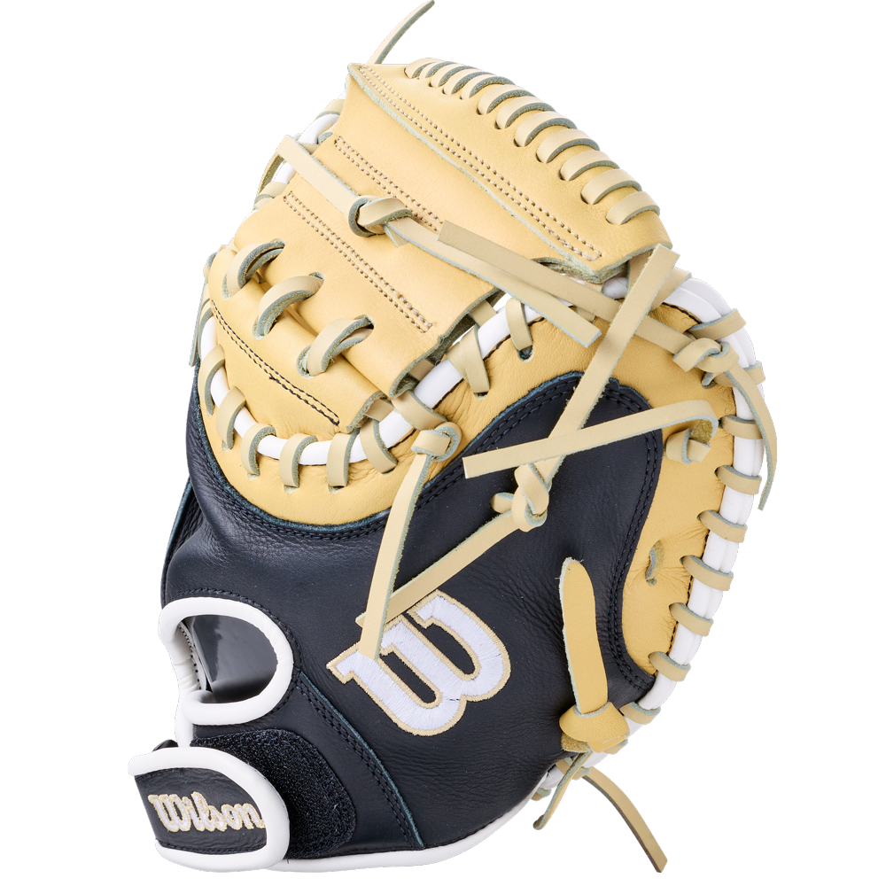 Wilson A700 32.5″ Baseball Catcher’s Mitt: WBG04701RT325 in tan and navy, featuring a closed web, white lacing, and full grain leather construction.